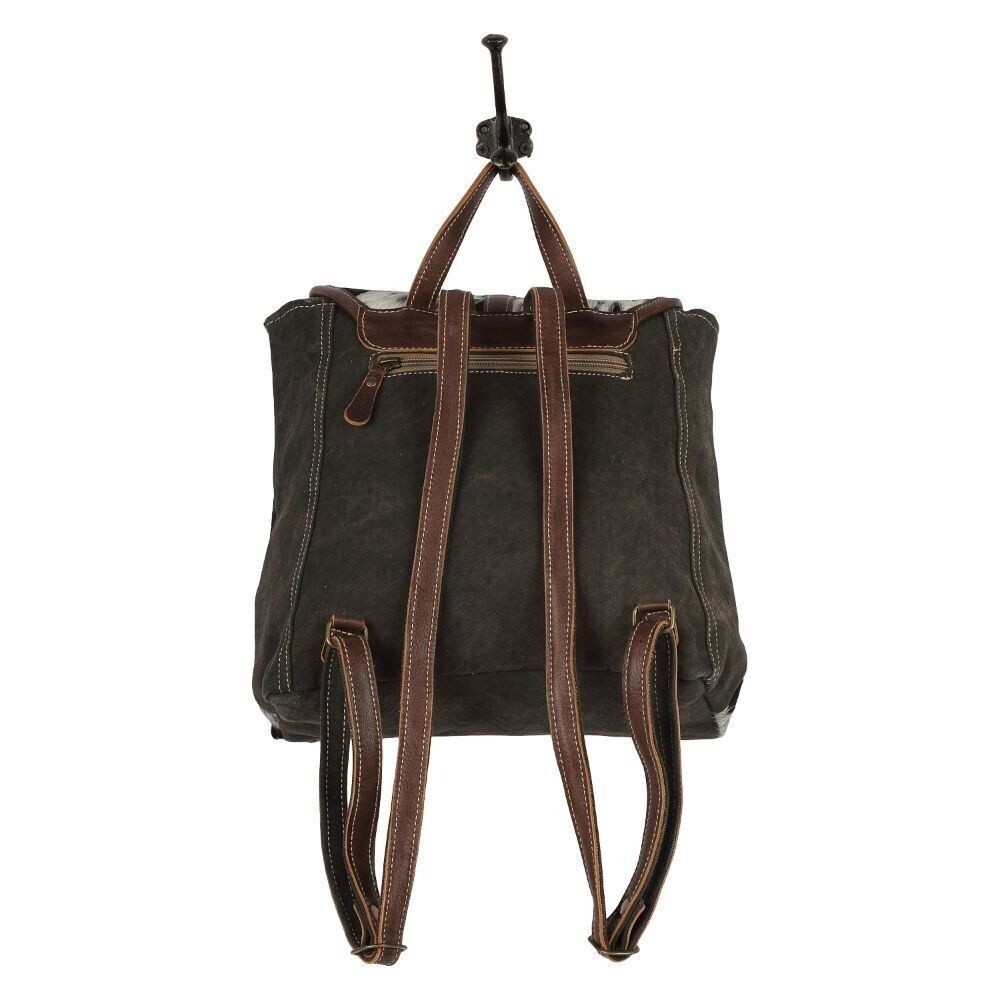 Myra Bag Handmade Crossroads Backpack Upcycled Canvas & Cowhide Leather - Picture 5 of 8